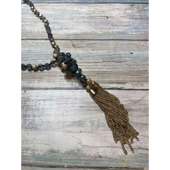 AB Crystals Y Knotted Gold Chain Necklace Statement Beads‎ 30" NWOT  Tassel - Picture 1 of 6